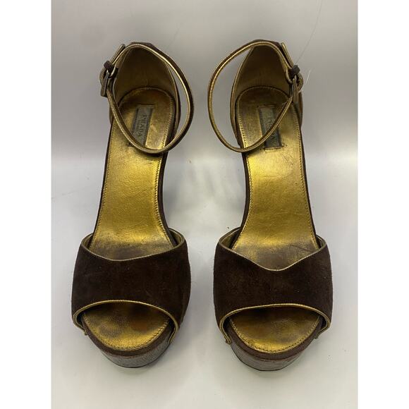 Prada Brown Suede Peep Toe Wedge Sandals Sz 37.5 (US 7) - Picture 3 of 8